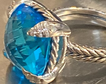 USED David Yurman  Chatelaine Blue topaz   14mm   Ring with Diamonds Size 8