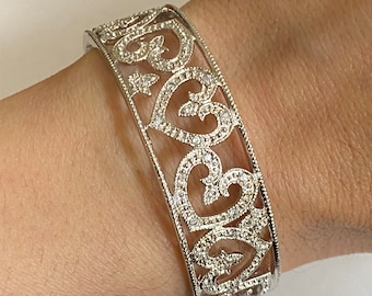 925 sterling silver bracelet, silver jewelry , rhodium over silver , no tarnish jewelry, heart bracelet, cuff sterling silver bracelet