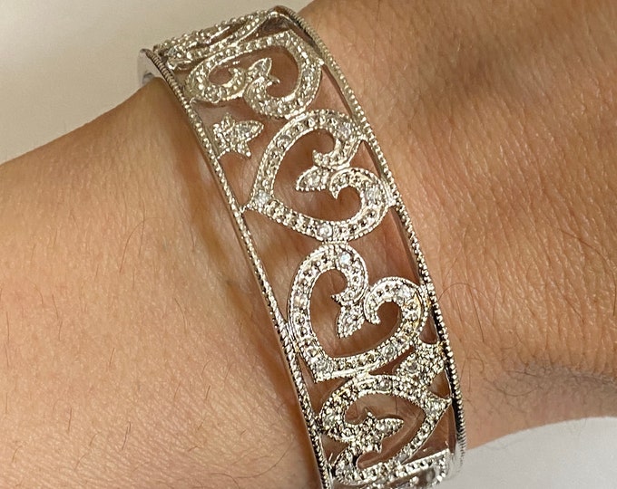 925 sterling silver bracelet, silver jewelry , rhodium over silver , no tarnish jewelry, heart bracelet, cuff sterling silver bracelet