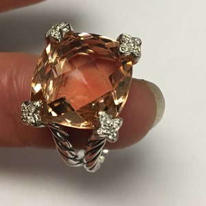 Pre Owned David Yurman  Cushion on Point 15mmx15mm Morganite Ring with Diamonds size  6