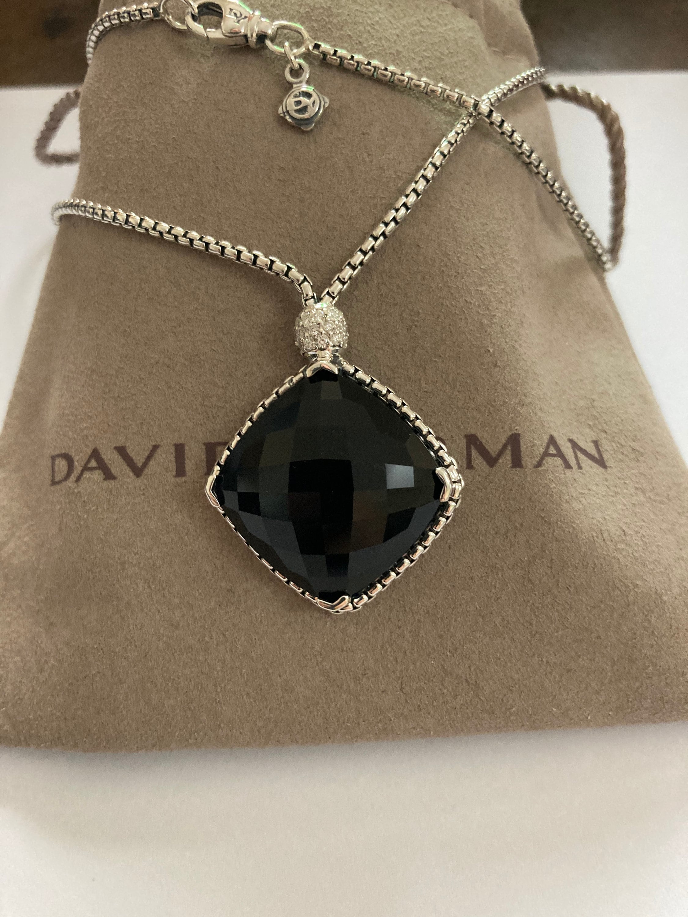 David Yurman ONYX Cushion on Point Diamond Necklace 20x20