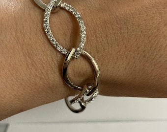 Sterling Silver Oval Link Bracelet, CZ Pave