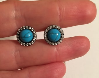 Turquoise Stud Earrings, Turquoise Earrings, 10mm width Turquoise Studs 925 Sterling Silver Black Rhodium Plating