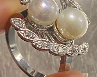 Vintage Ring, Pearl and Diamond Ring, Vintage Pearl Ring, Diamond Vintage Ring, Gold and Diamond Vintage Ring