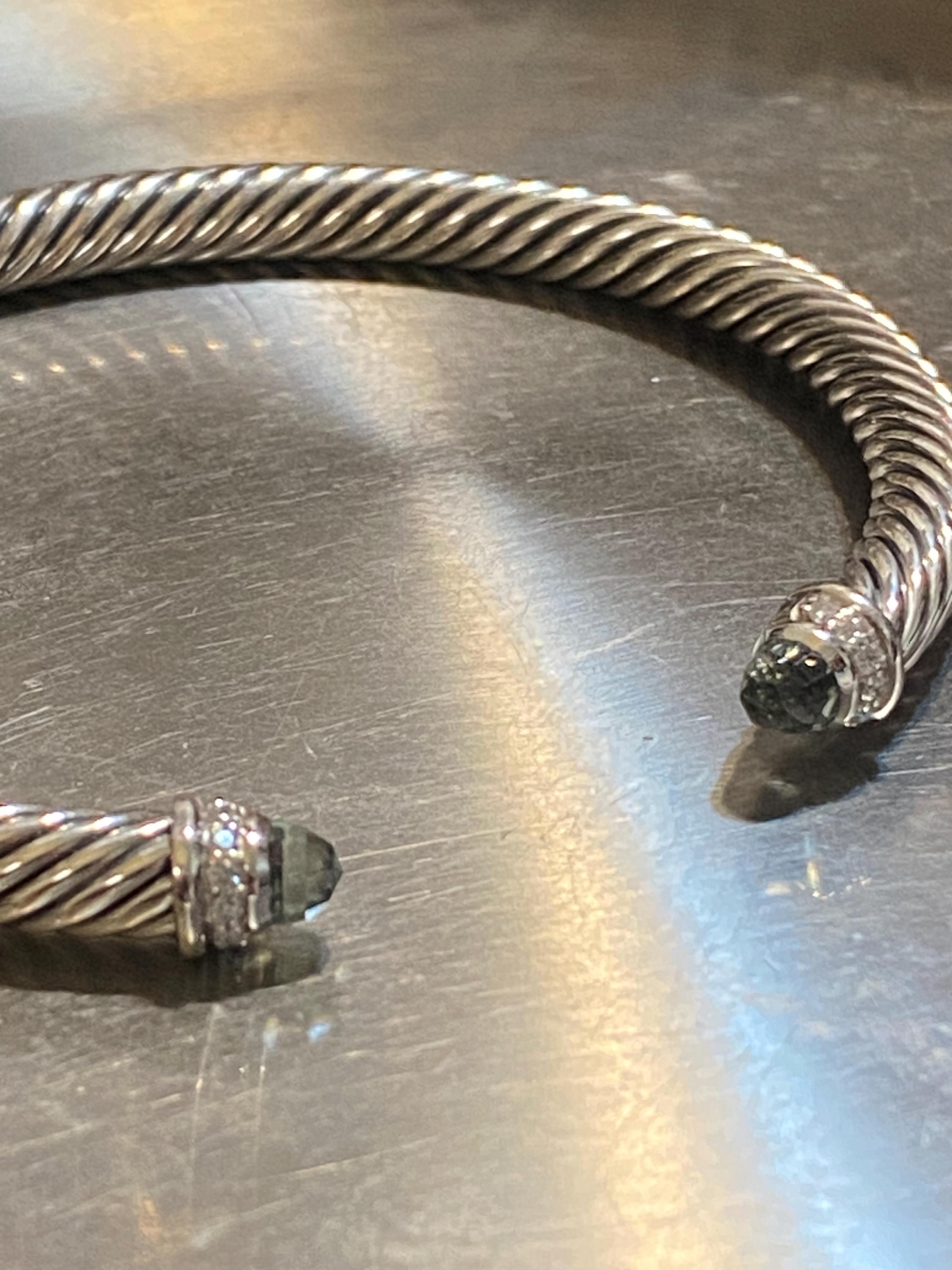 David Yurman 5mm Bracelet 925 SS Silver Diamond Prasiolite Cable 