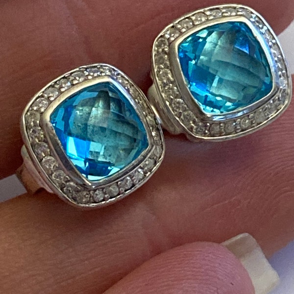 Pre owned David Yurman Albion Cable Earrings 7mmx7mm Blue Topaz & Diamond