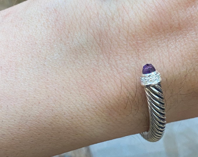 Used David Yurman 5mm Bracelet 925 SS Silver Diamond Amethyst  Cable Classic Bracelet Size SMALL