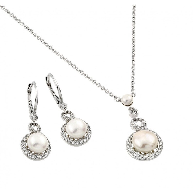 Vintage Style Pearl Jewelry Matching Set Pearl Necklace and Earrings Drop Down Mother of Pearl Necklace and Drop Down Earrings