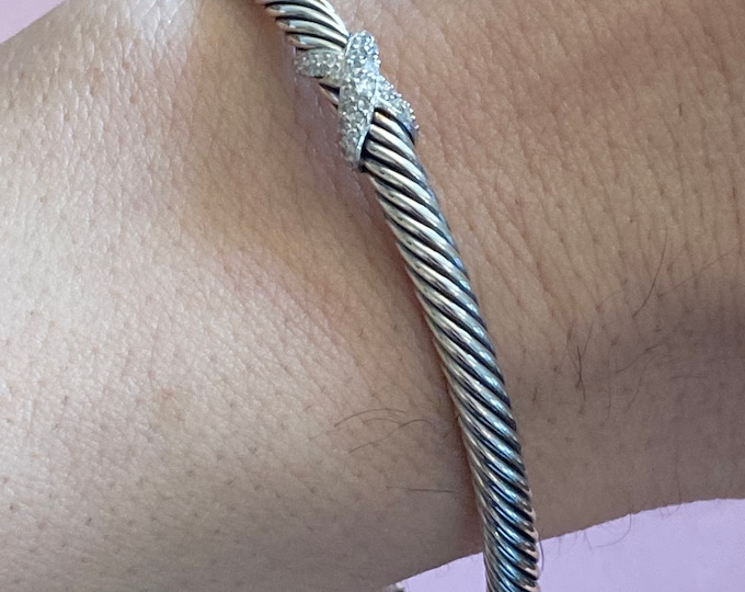 David Yurman Diamond  X Bracelet,4mm, 925 Sterling Silver & Pave Diamonds Size Medium