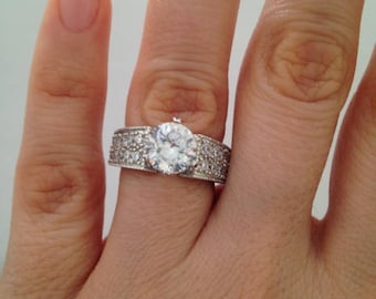 2.00ct Round Engagement Ring, Hand-setting Diamond Simulant Ring, .925 Sterling Silver Rhodium Plating, Round Brilliant Ring