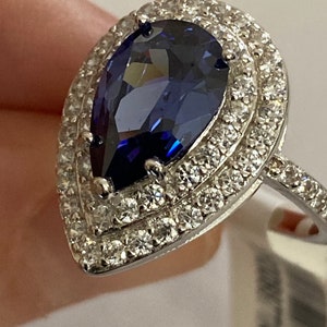Tanzanite Ring, Tanzanite Pear shape ring, Tanzanite halo Ring, Sterling   Silver and Tanzanite Ring