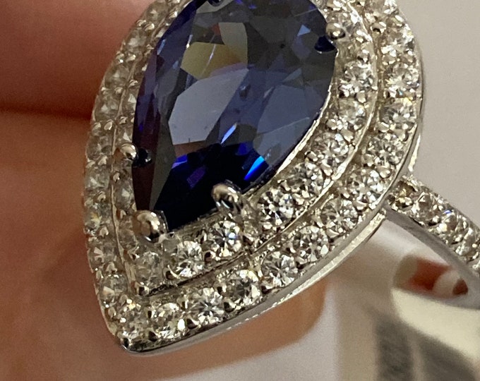 Tanzanite Ring, Tanzanite Pear shape ring, Tanzanite halo Ring, Sterling   Silver and Tanzanite Ring