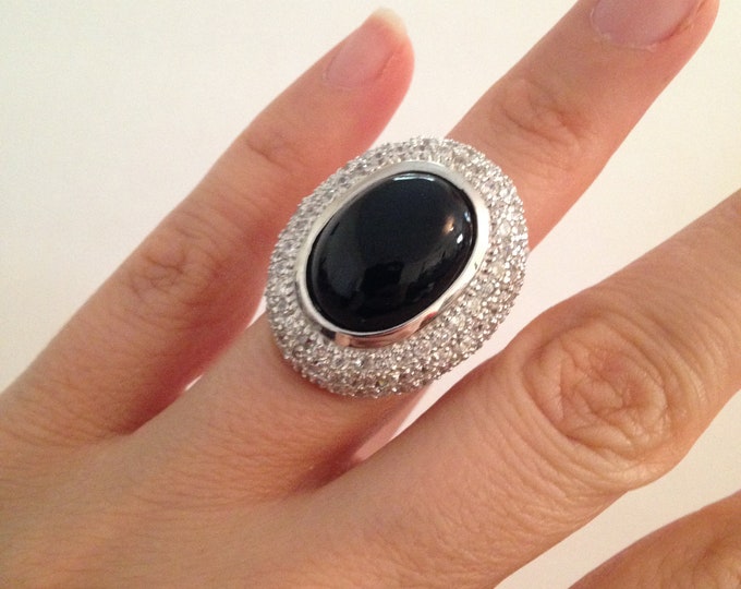 Onyx Ring, Onyx Oval Ring, Onyx and CZ ring, 925 Nickle Free Sterling Silver & Onyx Ring