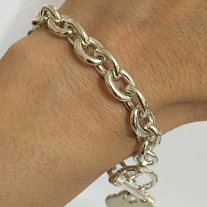 925 Sterling Silver High Polished Heart Link Bracelet, Toggle Bracelet 9mm