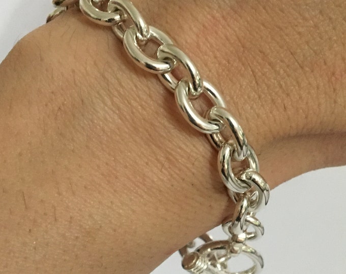 925 Sterling Silver High Polished Heart Link Bracelet, Toggle Bracelet 9mm
