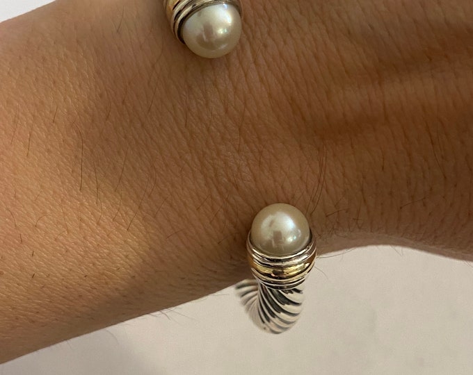 David Yurman 7mm Pearl Cuff  Bracelet  925 Sterling Silver & 14K Gold Size Medium