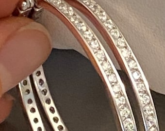 Diamond CZ Hoop Earrings . 14.6 Grams  2" Hoop Earrings. RHODIUM over 925 Sterling Silver Hoops ,High Quality Jewelry