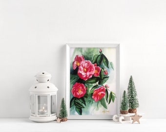 Oregon Pink Camellias Watercolor Painting