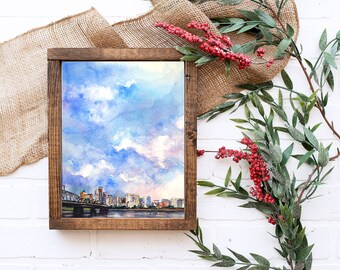 Watercolor Downtown Portland Oregon Sunset Skyline Painting
