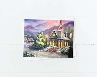 Snowy Church Christmas Winter Watercolor Blank 5x7 Card