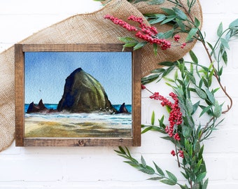 Summer at Haystack Rock in Cannon Beach Watercolor Painting