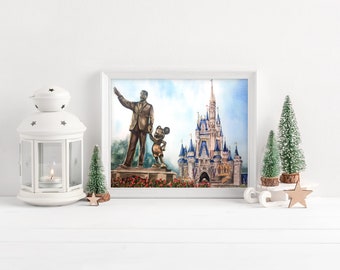 Magic Kingdom Walt and Mickey Statue with Cinderella's Castle Watercolor Print