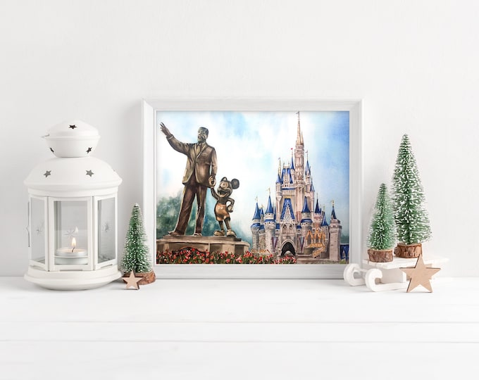 Featured listing image: Magic Kingdom Walt and Mickey Statue with Cinderella's Castle Watercolor Print