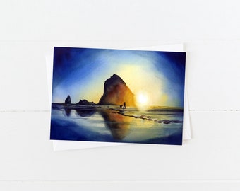 Watercolor Haystack Rock in Cannon Beach at Sunset with Pug Blank 5x7 Card