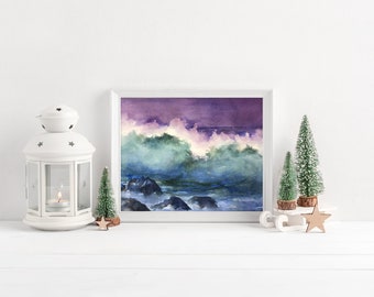 Stormy Oregon Coast Crashing Waves Watercolor Painting