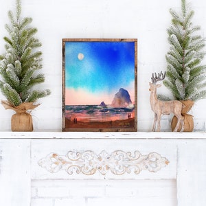 Haystack Rock in Cannon Beach at Sunset Watercolor Painting