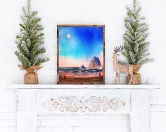 Haystack Rock in Cannon Beach at Sunset Watercolor Painting