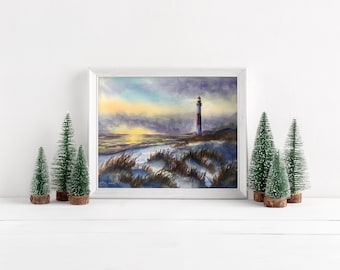 Winter Lighthouse at Sunset Watercolor Painting