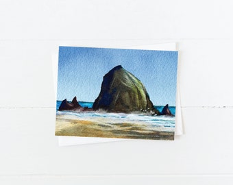 Sunny Cannon Beach Haystack Rock Watercolor Blank 5x7 Card