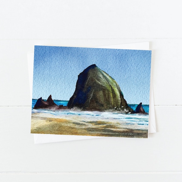 Sunny Cannon Beach Haystack Rock Watercolor Blank 5x7 Card