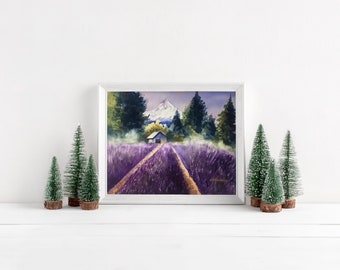 Lavender Fields at Mt. Hood Watercolor Painting