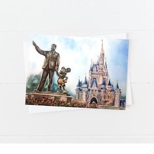 Cinderella&#39;s Castle and the Partners Statue Magic Kingdom Disneyworld Watercolor Blank 5x7 Card