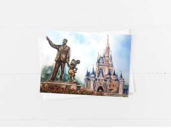 Cinderella's Castle and the Partners Statue Magic Kingdom Disneyworld Watercolor Blank 5x7 Card