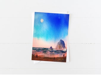 Cannon Beach at Sunset Watercolor Blank 5x7 Card
