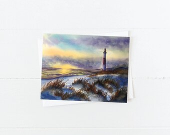 Snowy Beach Lighthouse Watercolor Blank 5x7 Card