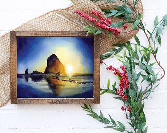 Sunset Stroll at Haystack Rock, Cannon Beach Watercolor Painting