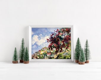 Positano Bougainvillea Watercolor Painting