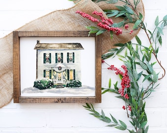 Watercolor Saltbox Christmas House Print