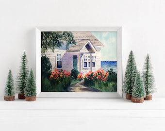 Nantucket Island Beach House Watercolor Print