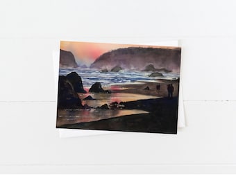 Sunset at Seaside Beach, Oregon, Watercolor Blank 5x7 Card