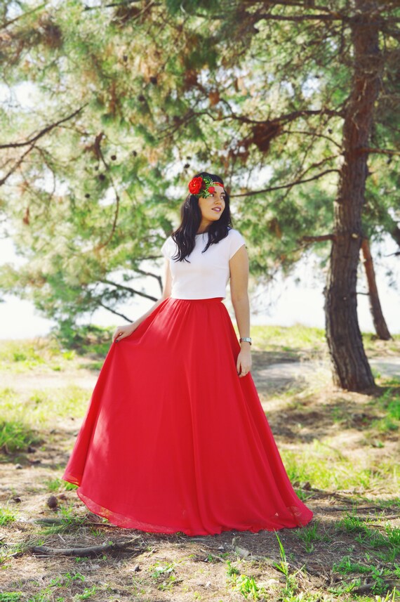 red chiffon maxi skirt