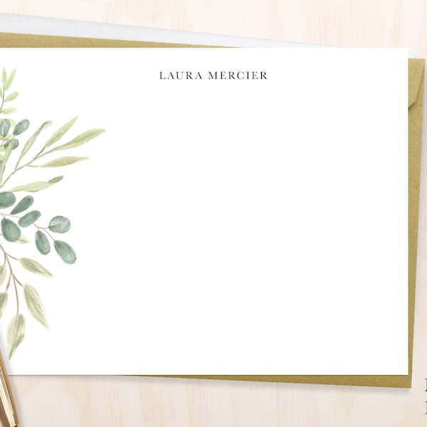 Greenery Personalized Notecard Set /feminine Personalized Stationery /watercolor Green leaves notecard/gift for mom/eucalyptus/olive/floral