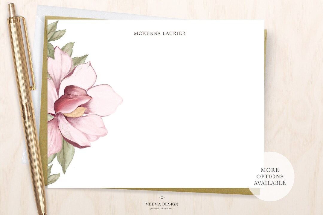 Pink Magnolia Personalized Notecard Set: Watercolor Floral Stationery ...