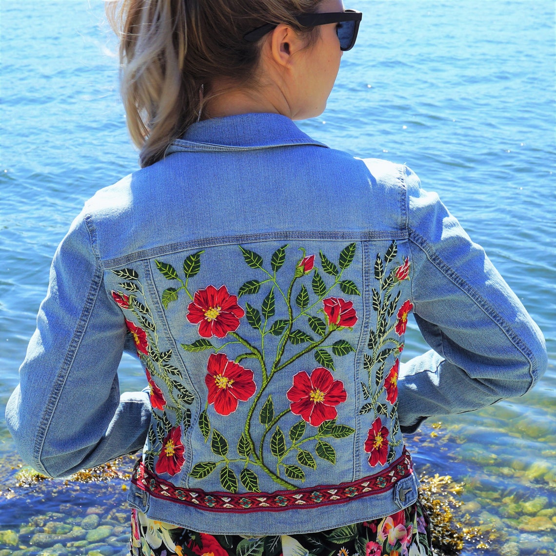 Wild Roses Hand Embroidered on Denim Jacket Size M | Etsy
