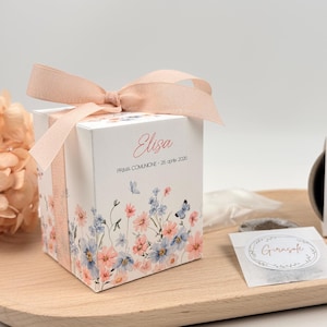 BOMBONIERA con KIT di SEMINA con vasetto compostabile, torba, semi da piantare e confetti - mod. "fiori rosa e azzurri" - euro 5,90