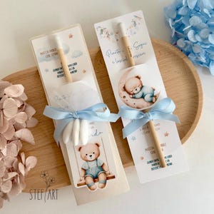 BOMBONIERA ECOLOGICA con matita piantabile - mod. "orsetto azzurro" - con confetti euro 5,90 - senza confetti euro 4,00